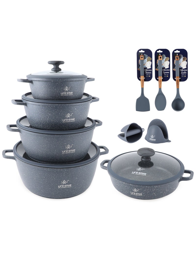 Life Smile Multi Layer Granite Non-Stick Cookware Set with Induction Bottom – 20/24/28/32cm Aluminium Soup Pots with Lid,28cm Shallow Pot with Lid,3pcs Silicone Utensils & 2pcs Silicon Gloves – Oven Safe - Image 1